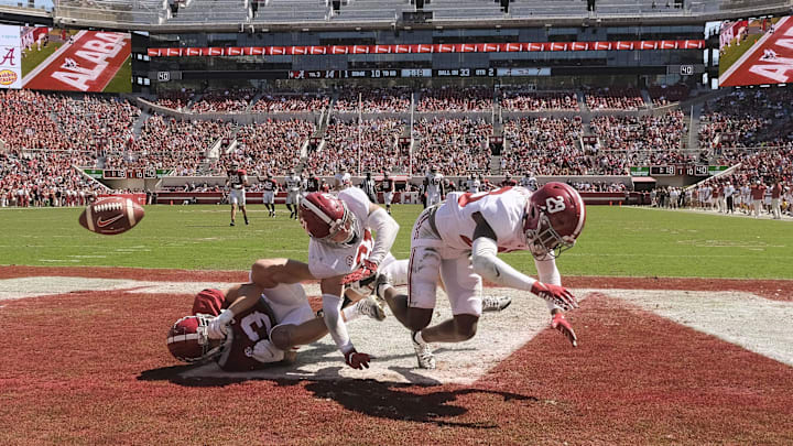Apr 22, 2023; Tuscaloosa, AL, USA;White team defensive back Jake Pope (21) and White team defensive
