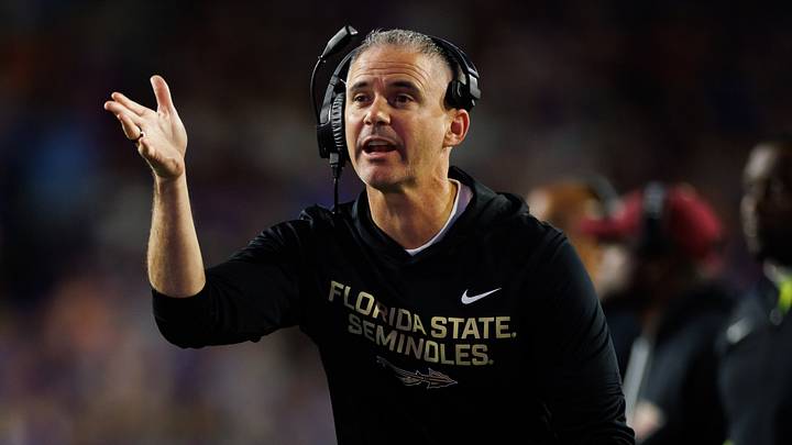Nov 29, 2025; Gainesville, Florida, USA; Florida State Seminoles head coach Mike Norvell gestures against the Florida Gators during the second half at Ben Hill Griffin Stadium. Mandatory Credit: Matt Pendleton-Imagn Images