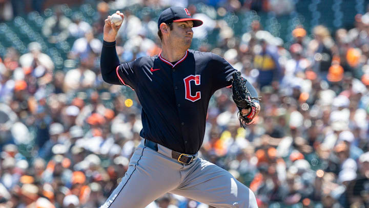Jun 19, 2025; San Francisco, California, USA; Cleveland Guardians pitcher Gavin Williams (32) throws a pitch during the first inning against the San Francisco Giants at Oracle Park. Mandatory Credit: Bob Kupbens-Imagn Images