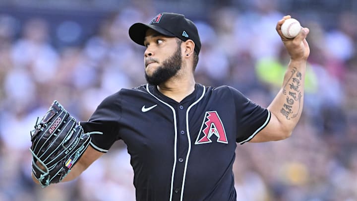 Sep 27, 2025; San Diego, California, USA; Arizona Diamondbacks starting pitcher Eduardo Rodriguez (57) delivers during the second inning against the Arizona Diamondbacks at Petco Park. Mandatory Credit: Denis Poroy-Imagn Images