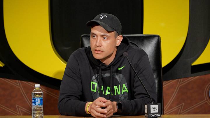 Oregon quarterbacks coach Koa Ka'ai speaks to the media on April 7, 2026, in Eugene, Oregon. Oregon quarterbacks coach Koa Ka'ai speaks to the media on April 7, 2026, in Eugene, Oregon.