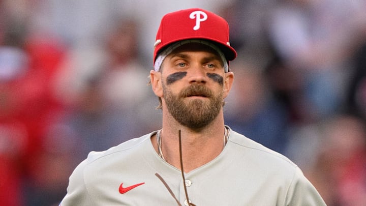 Mar 27, 2025; Washington, District of Columbia, USA; Philadelphia Phillies first base Bryce Harper (3) looks on during the third inning against the Washington Nationals at Nationals Park Mar 27, 2025; Washington, District of Columbia, USA; Philadelphia Phillies first base Bryce Harper (3) looks on during the third inning against the Washington Nationals at Nationals Park