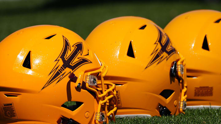 March 30, 2022;  Tempe, AZ, USA; ASU helmets during a practice at Kajikawa Practice fields.

Football Asu Fb