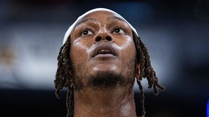 Feb 1, 2025; Indianapolis, Indiana, USA; Indiana Pacers center Myles Turner (33) reacts in the second half against the Atlanta Hawks at Gainbridge Fieldhouse. Mandatory Credit: Trevor Ruszkowski-Imagn Images