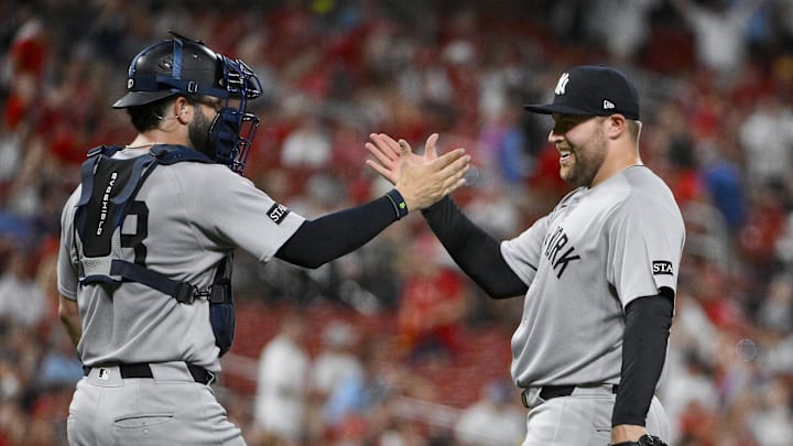 Aug 15, 2025; St. Louis, Missouri, USA;  New York Yankees relief pitcher David Bednar (53) celebrates with catcher Austin Wells (28) after the Yankees defeated the St. Louis Cardinals at Busch Stadium. Mandatory Credit: Jeff Curry-Imagn Images