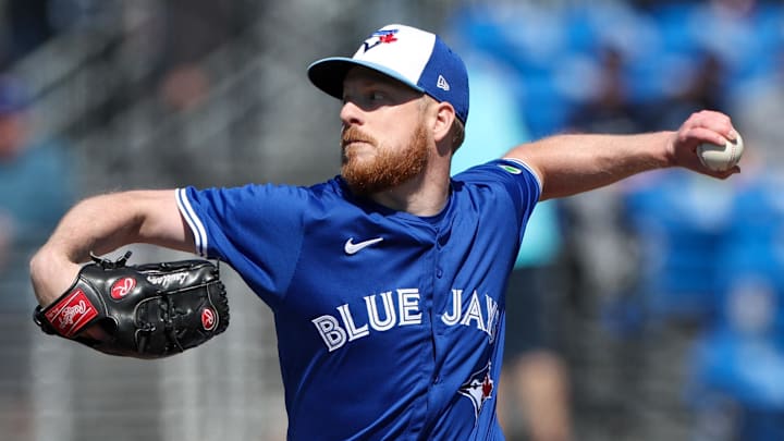 Mar 21, 2025; Dunedin, Florida, USA; Toronto Blue Jays pitcher Richard Lovelady (68) throws a pitch against the Philadelphia Phillies in the eighth inning during spring training at TD Ballpark. Mar 21, 2025; Dunedin, Florida, USA; Toronto Blue Jays pitcher Richard Lovelady (68) throws a pitch against the Philadelphia Phillies in the eighth inning during spring training at TD Ballpark.