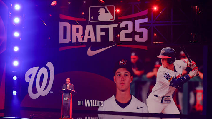 Jul 13, 2025; Atlanta, GA, USA; Eli Willits is drafted by the Washington Nationals with the first pick during the first round of the MLB Draft at The Coca-Cola Roxy. Jul 13, 2025; Atlanta, GA, USA; Eli Willits is drafted by the Washington Nationals with the first pick during the first round of the MLB Draft at The Coca-Cola Roxy.