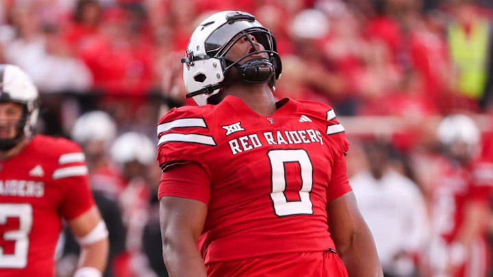Texas Tech's Skyler Gill-Howard reacts to a sack against Arkansas-Pine Bluff during a non-conference football game, Saturday, August 30, 2025, at Jones AT&T Stadium.
