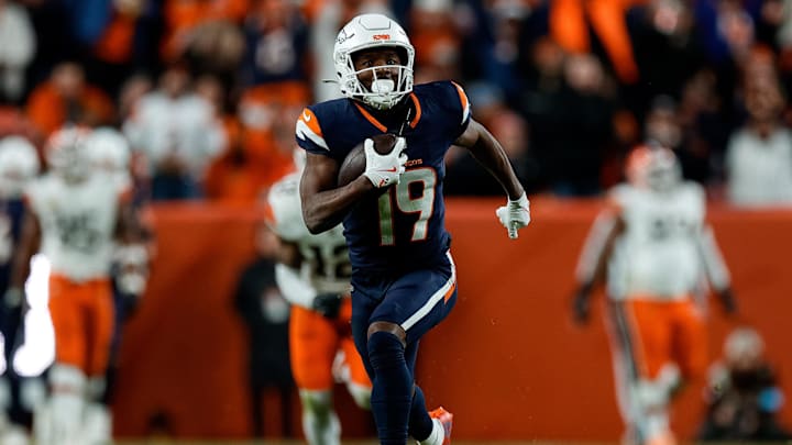 Dec 2, 2024; Denver, Colorado, USA; Denver Broncos wide receiver Marvin Mims Jr. (19) runs for a touchdown on a reception in the third quarter against the Cleveland Browns at Empower Field at Mile High. Dec 2, 2024; Denver, Colorado, USA; Denver Broncos wide receiver Marvin Mims Jr. (19) runs for a touchdown on a reception in the third quarter against the Cleveland Browns at Empower Field at Mile High.
