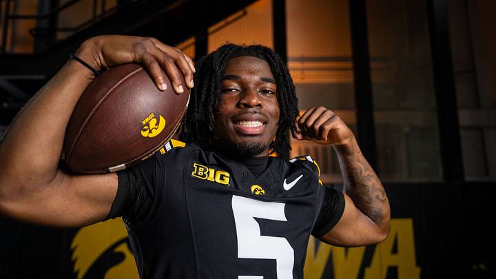 Iowa running back Nathan McNeil (5) stands for a portrait during Hawkeye football media day, Friday, Aug. 14, 2026, in Iowa City. Iowa running back Nathan McNeil (5) stands for a portrait during Hawkeye football media day, Friday, Aug. 14, 2026, in Iowa City.