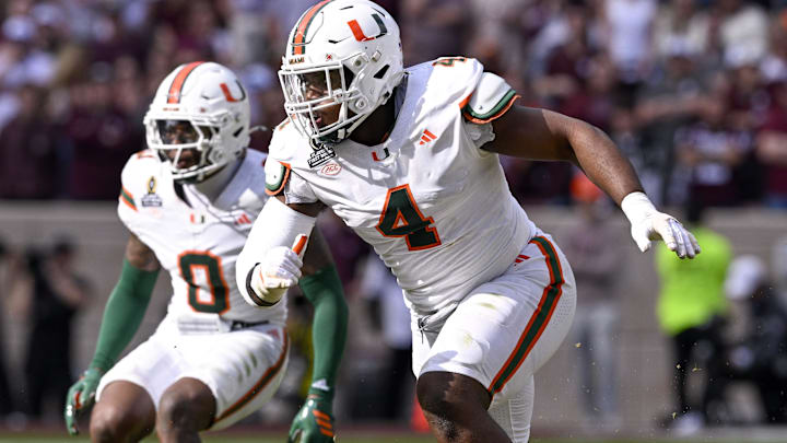 Miami Hurricanes defensive lineman Rueben Bain Jr. rushes the line during the game between the Aggies and the Hurricanes.