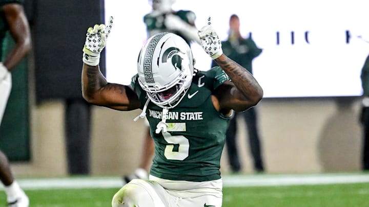Michigan State's Jordan Hall celebrates after a play against Western Michigan's during the third quarter on Friday, Aug. 29, 2025, in East Lansing.