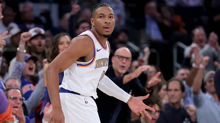 Oct 20, 2026; New York, New York, USA; New York Knicks guard Miles McBride (2) celebrates his three point shot against the Philadelphia 76ers during the first quarter at Madison Square Garden. Mandatory Credit: Brad Penner-Imagn Images