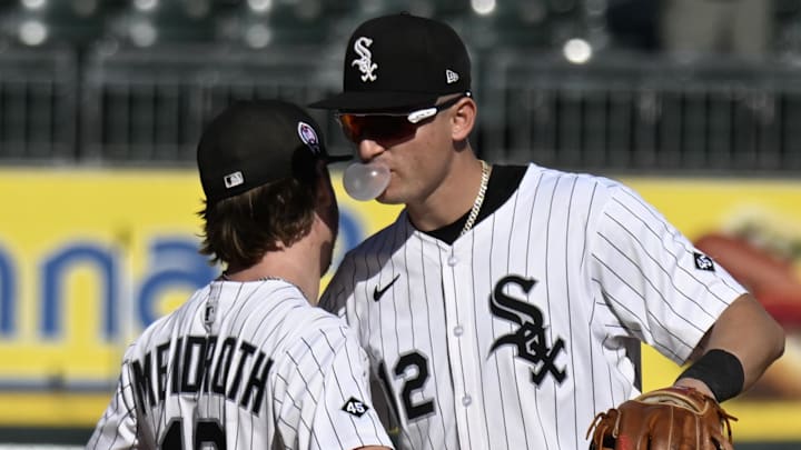 Chicago White Sox second baseman Chase Meidroth (10) and shortstop Colson Montgomery (12) celebrate a win over the Tampa Bay Rays at Rate Field. Chicago White Sox second baseman Chase Meidroth (10) and shortstop Colson Montgomery (12) celebrate a win over the Tampa Bay Rays at Rate Field.