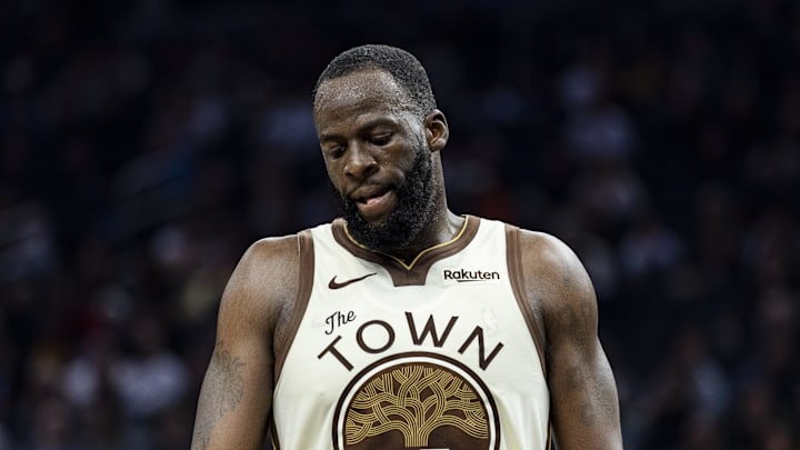Mar 25, 2026; San Francisco, California, USA; Golden State Warriors forward Draymond Green (23) reacts after a foul is called in favor of the Brooklyn Nets during the second quarter at Chase Center. Mandatory Credit: John Hefti-Imagn Images
