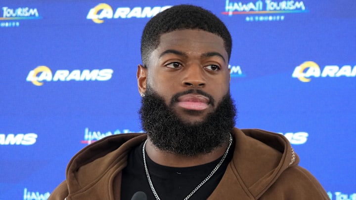 Jun 3, 2025; Woodland Hills, CA, USA; Los Angeles Rams linebacker Jared Verse at a press conference during organized team activities at Rams Practice Facility. Mandatory Credit: Kirby Lee-Imagn Images