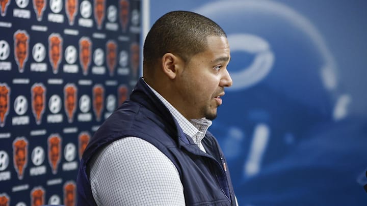 Mar 16, 2023; Lake Forest, IL, USA; Chicago Bears general manager Ryan Poles speaks during a press conference at Halas Hall. Mandatory Credit: Kamil Krzaczynski-Imagn Images