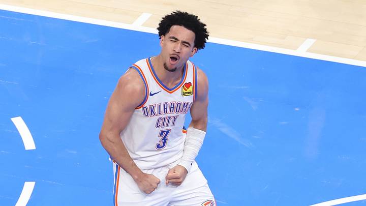 May 26, 2026; Oklahoma City, Oklahoma, USA; Oklahoma City Thunder guard Jared McCain (3) reacts after a basket during the fourth quarter against the San Antonio Spurs in game five of the western conference finals for the 2026 NBA playoffs at Paycom Center. Mandatory Credit: Brett Rojo-Imagn Images May 26, 2026; Oklahoma City, Oklahoma, USA; Oklahoma City Thunder guard Jared McCain (3) reacts after a basket during the fourth quarter against the San Antonio Spurs in game five of the western conference finals for the 2026 NBA playoffs at Paycom Center. Mandatory Credit: Brett Rojo-Imagn Images