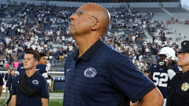 Sep 13, 2025; University Park, Pennsylvania, USA; Penn State Nittany Lions head coach James Franklin watches the replay of the final play of the game following the end of the game against the Villanova Wildcats at Beaver Stadium. Mandatory Credit: Matthew O'Haren-Imagn Images
Sep 13, 2025; University Park, Pennsylvania, USA; Penn State Nittany Lions head coach James Franklin watches the replay of the final play of the game following the end of the game against the Villanova Wildcats at Beaver Stadium. Mandatory Credit: Matthew O'Haren-Imagn Images