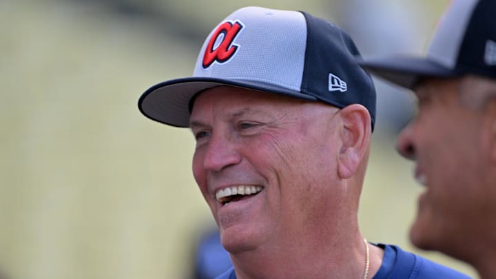 Apr 1, 2025; Los Angeles, California, USA;  Atlanta Braves manager Brian Snitker (43) looks on prior to the game against the Los Angeles Dodgers at Dodger Stadium. Mandatory Credit: Jayne Kamin-Oncea-Imagn Images