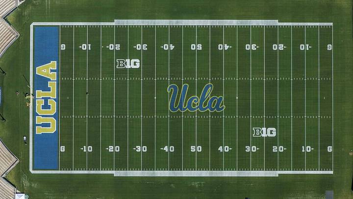 May 2, 2026; Pasadena, CA, USA; A general overall aerial view of the construction of the UCLA South End Zone Field Club at the Rose Bowl Stadium. Mandatory Credit: Kirby Lee-Imagn Images
