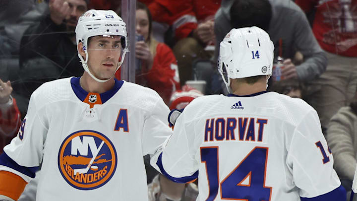 Feb 29, 2024; Detroit, Michigan, USA;  New York Islanders center Brock Nelson (29) receives