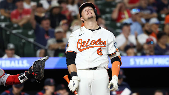 Aug 25, 2025; Baltimore, Maryland, USA; Baltimore Orioles first baseman Ryan Mountcastle (6) strikes out during the eighth inning against the Boston Red Sox at Oriole Park at Camden Yards. Mandatory Credit: Daniel Kucin Jr.-Imagn Images