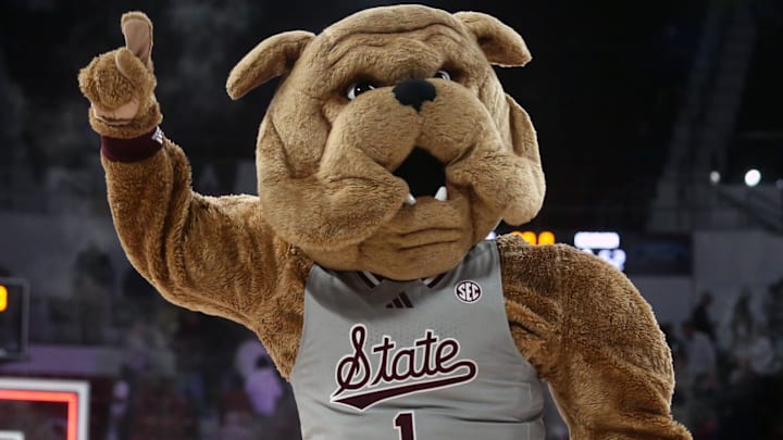 Mississippi State Bulldogs mascot Bully dances on the court after defeating the Georgia Bulldogs at Humphrey Coliseum.