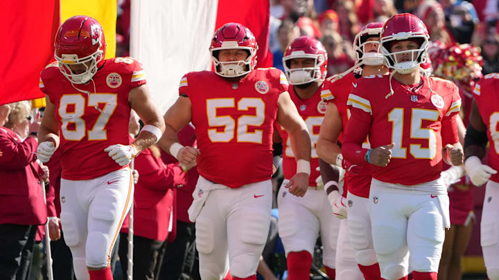 Nov 23, 2025; Kansas City, Missouri, USA; Kansas City Chiefs tight end Travis Kelce (87) and center Creed Humphrey (52) and quarterback Patrick Mahomes (15) run onto the field before the game against the Indianapolis Colts at GEHA Field at Arrowhead Stadium. Mandatory Credit: Denny Medley-Imagn Images