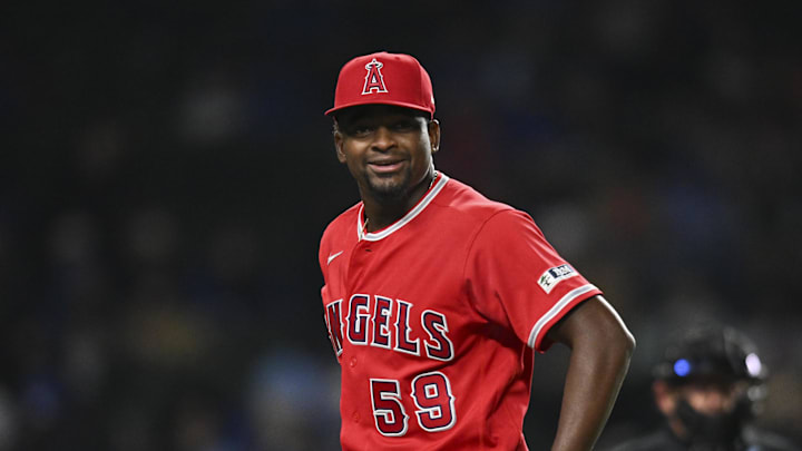 Mar 31, 2026; Chicago, Illinois, USA; Los Angeles Angels pitcher Jose Soriano (59) smiles after ending the the fifth inning against the Chicago Cubs at Wrigley Field. Mandatory Credit: Patrick Gorski-Imagn Images