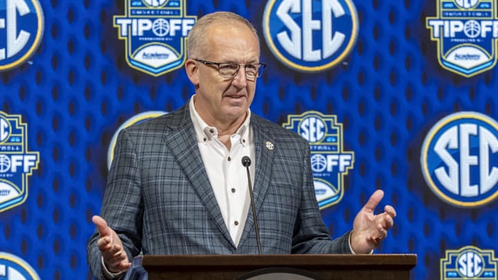 SEC commissioner Greg Sankey talks with the media during SEC Media Days at Grand Bohemian Hotel. 