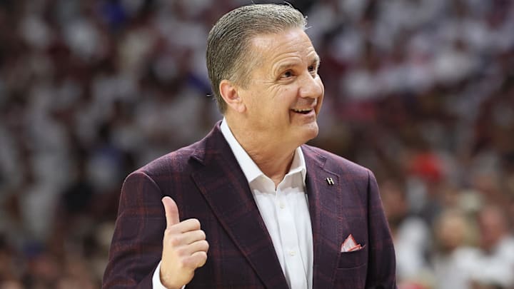 Arkansas Razorbacks coach John Calipari during the first half against the Kentucky Wildcats at Bud Walton Arena in Fayetteville, Ark.