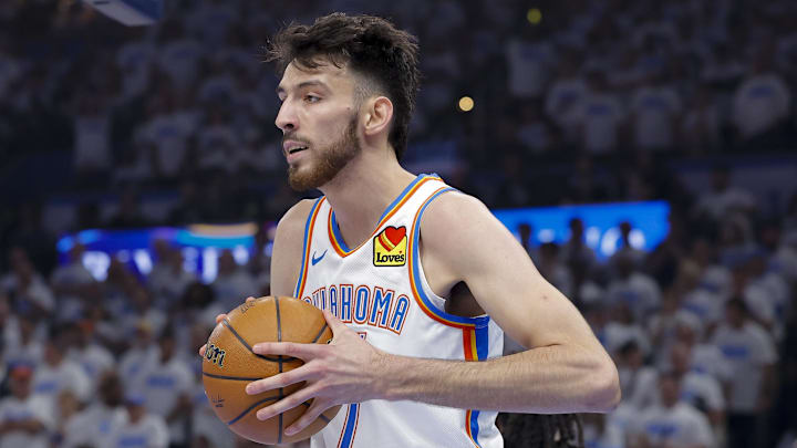 Jun 5, 2025; Oklahoma City, Oklahoma, USA; Oklahoma City Thunder forward Chet Holmgren (7) looks on during the first quarter against the Indiana Pacers during game one of the 2025 NBA Finals at Paycom Center. Mandatory Credit: Alonzo Adams-Imagn Images