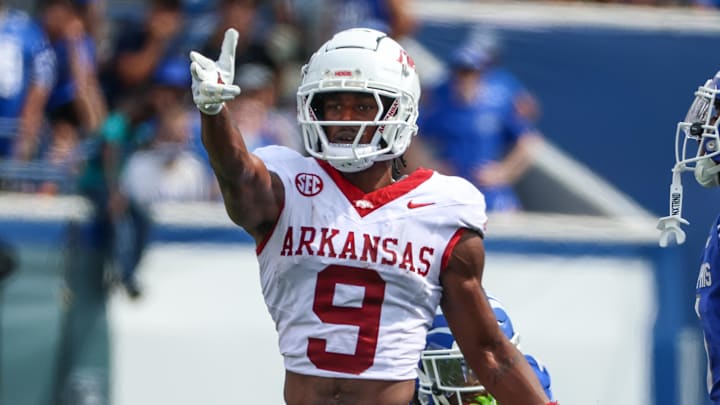 Sep 20, 2025; Memphis, Tennessee, USA; Arkansas Razorbacks wide receiver O'Mega Blake (9) reacts after a first down against the Memphis Tigers during the second half at Simmons Bank Liberty Stadium. Mandatory Credit: Wesley Hale-Imagn Images