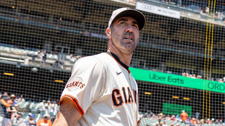 May 18, 2025; San Francisco, California, USA; San Francisco Giants pitcher Justin Verlander (35) walks onto the field before the game against the Athletics at Oracle Park.