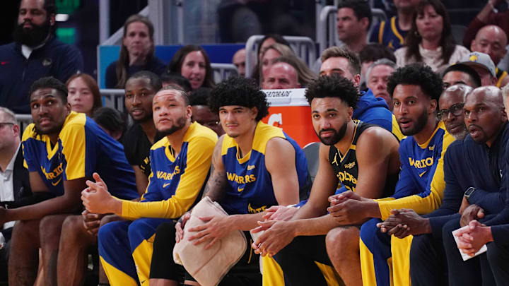 Apr 9, 2025; San Francisco, California, USA; The Golden State Warriors bench watches the action against the San Antonio Spurs in the second quarter at Chase Center. Mandatory Credit: David Gonzales-Imagn Images Apr 9, 2025; San Francisco, California, USA; The Golden State Warriors bench watches the action against the San Antonio Spurs in the second quarter at Chase Center. Mandatory Credit: David Gonzales-Imagn Images