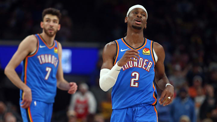Apr 24, 2025; Memphis, Tennessee, USA; Oklahoma City Thunder guard Shai Gilgeous-Alexander (2) and forward Chet Holmgren (7) look on during the second quarter against the Memphis Grizzlies during Game 3 of the first round of the 2025 NBA Playoffs at FedExForum. Apr 24, 2025; Memphis, Tennessee, USA; Oklahoma City Thunder guard Shai Gilgeous-Alexander (2) and forward Chet Holmgren (7) look on during the second quarter against the Memphis Grizzlies during Game 3 of the first round of the 2025 NBA Playoffs at FedExForum.
