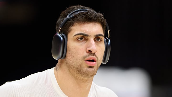 Feb 25, 2026; Berkeley, California, USA; SMU Mustangs center Samet Yigitoglu (24) warms up before the game against the California Golden Bears at Haas Pavilion.