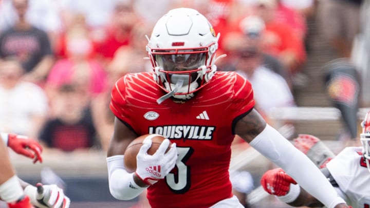 Louisville Cardinals defensive back Quincy Riley (3) runs the ball down the field during their game against the Austin Peay Governors on Saturday, Aug. 31, 2024 at L&N Federal Credit Union Stadium in Louisville, Ky.