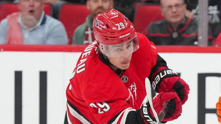 Oct 30, 2025; Raleigh, North Carolina, USA;  Carolina Hurricanes left wing Bradly Nadeau (29) shot a goal on his shot past New York Islanders defenseman Adam Pelech (3) during the first period at Lenovo Center. Mandatory Credit: James Guillory-Imagn Images