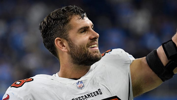 Sep 15, 2024; Detroit, Michigan, USA; Tampa Bay Buccaneers tight end Cade Otton (88) smiles after their game against the Detroit Lions at Ford Field. Mandatory Credit: Eamon Horwedel-Imagn Images