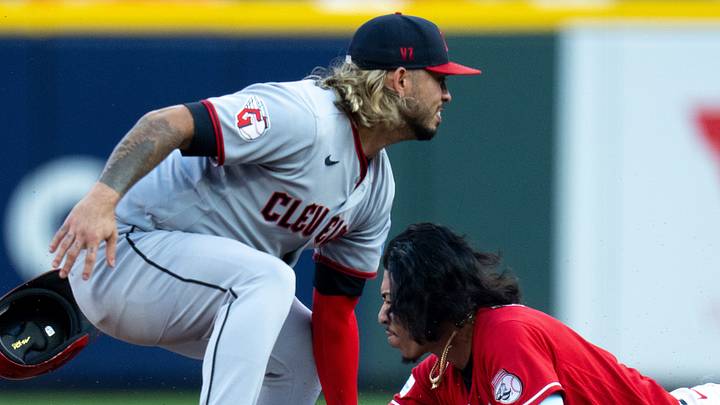 Cincinnati Reds second baseman Edwin Arroyo (2) steals second as Cleveland Guardians second baseman Gabriel Arias (13) attempts to tag him in the second inning between the Cleveland Guardians and Cincinnati Reds at Great American Ball Park in Cincinnati on Wednesday, July 29, 2026. Cincinnati Reds second baseman Edwin Arroyo (2) steals second as Cleveland Guardians second baseman Gabriel Arias (13) attempts to tag him in the second inning between the Cleveland Guardians and Cincinnati Reds at Great American Ball Park in Cincinnati on Wednesday, July 29, 2026.
