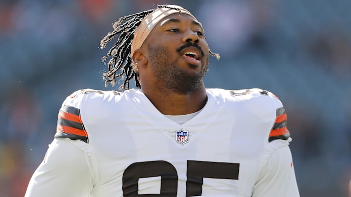 Nov 7, 2021; Cincinnati, Ohio, USA; Cleveland Browns defensive end Myles Garrett (95) before the game against the Cincinnati Bengals at Paul Brown Stadium. Mandatory Credit: Joseph Maiorana-Imagn Images