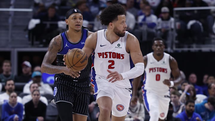 Apr 19, 2026; Detroit, Michigan, USA; Detroit Pistons guard Cade Cunningham (2) dribbles in the second half against the Orlando Magic during the 2026 NBA Playoffs at Little Caesars Arena. Mandatory Credit: Rick Osentoski-Imagn Images