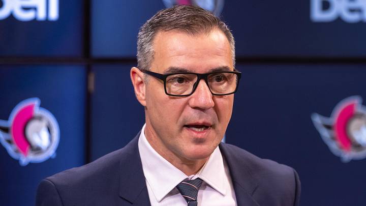 Jan 12, 2025; Ottawa, Ontario, CAN; President of Hockey Operations and General Manager Steve Staios speaks to the media prior to match between the Dallas Stars and the  Ottawa Senators at the Canadian Tire Centre. Mandatory Credit: Marc DesRosiers-Imagn Images