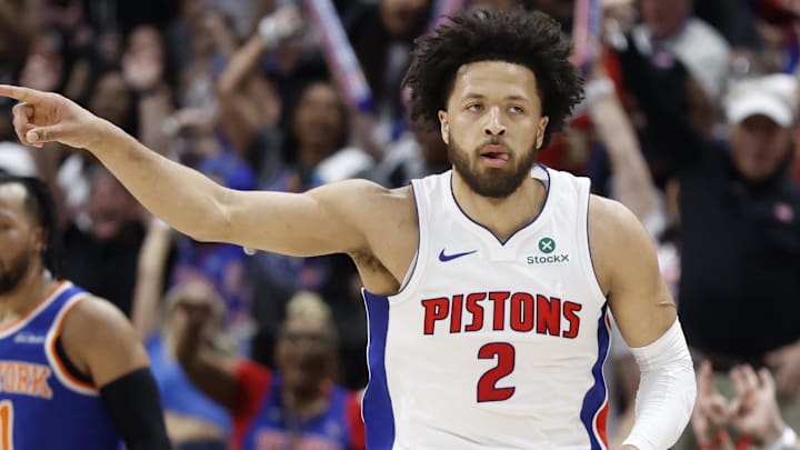 Apr 24, 2025; Detroit, Michigan, USA; Detroit Pistons guard Cade Cunningham (2) celebrates in the first half against the New York Knicks during game three of first round for the 2024 NBA Playoffs at Little Caesars Arena. Mandatory Credit: Rick Osentoski-Imagn Images