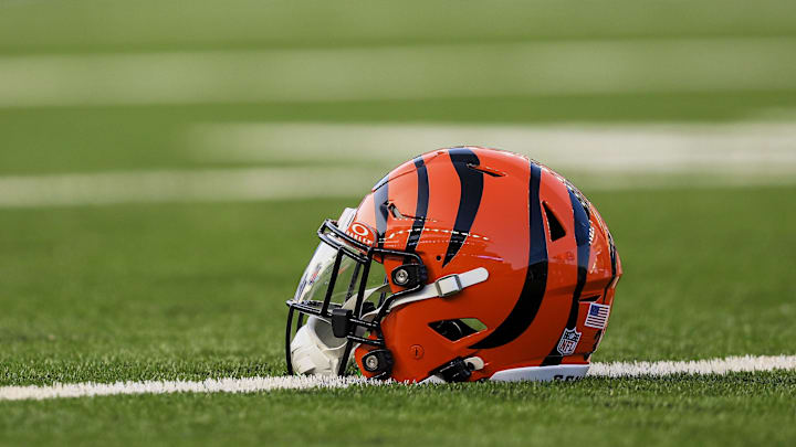 Aug 22, 2024; Cincinnati, Ohio, USA; A general view of the helmet of Cincinnati Bengals safety Daijahn Anthony (33)  during warmups before the game against the Indianapolis Colts at Paycor Stadium. Mandatory Credit: Katie Stratman-Imagn Images