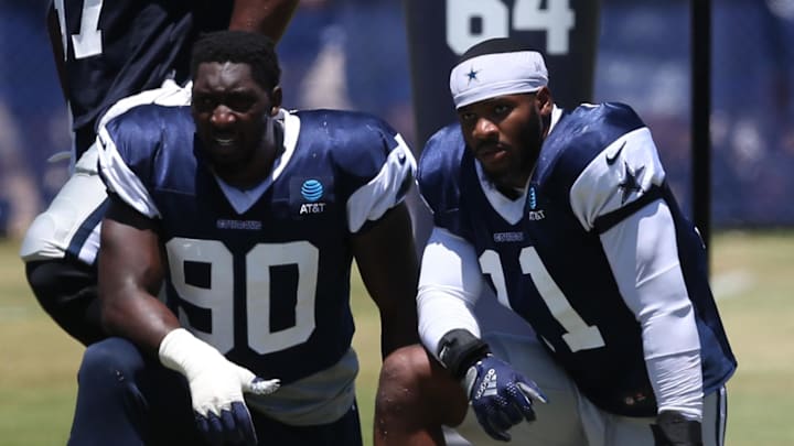 Dallas Cowboys defensive ends DeMarcus Lawrence and Micah Parsons during training camp at the River Ridge Playing Fields in Oxnard