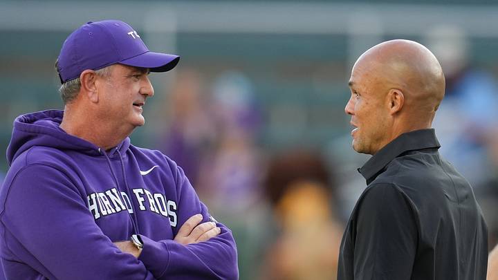 TCU Horned Frogs head coach Sonny Dykes and Baylor Bears head coach Dave Aranda greet each other before the game at McLane Stadium. TCU Horned Frogs head coach Sonny Dykes and Baylor Bears head coach Dave Aranda greet each other before the game at McLane Stadium.