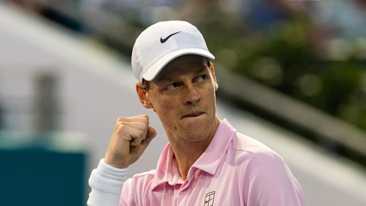 Jannik Sinner of Italy celebrates during his match against Jiri Lehecka